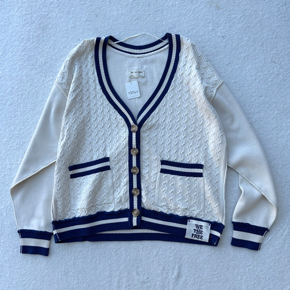 Free People Sweaters - Free People We The Free Varsity Cardigan Women's XS Ecru Blue Slouchy Cable Knit